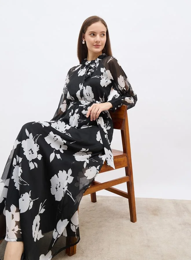 Styli Styli Floral Print A-Line Maxi Dress with Tie Belt