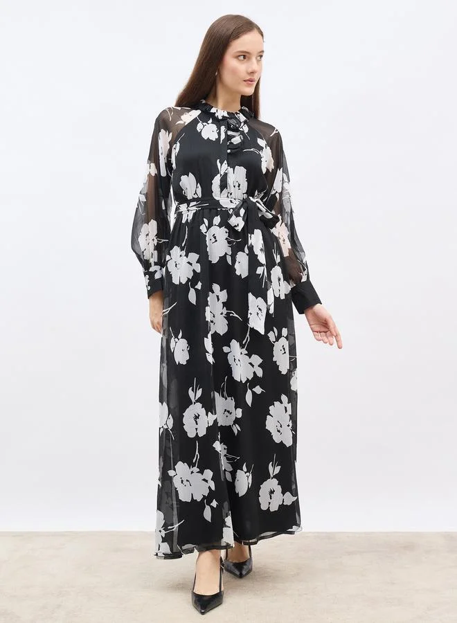 ستايلي Styli Floral Print A-Line Maxi Dress with Tie Belt