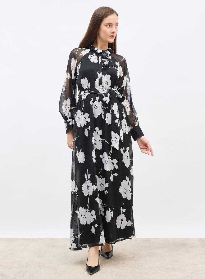 Styli Floral Print A-Line Maxi Dress With Tie Belt - Image 2