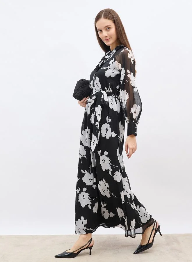 ستايلي Styli Floral Print A-Line Maxi Dress with Tie Belt