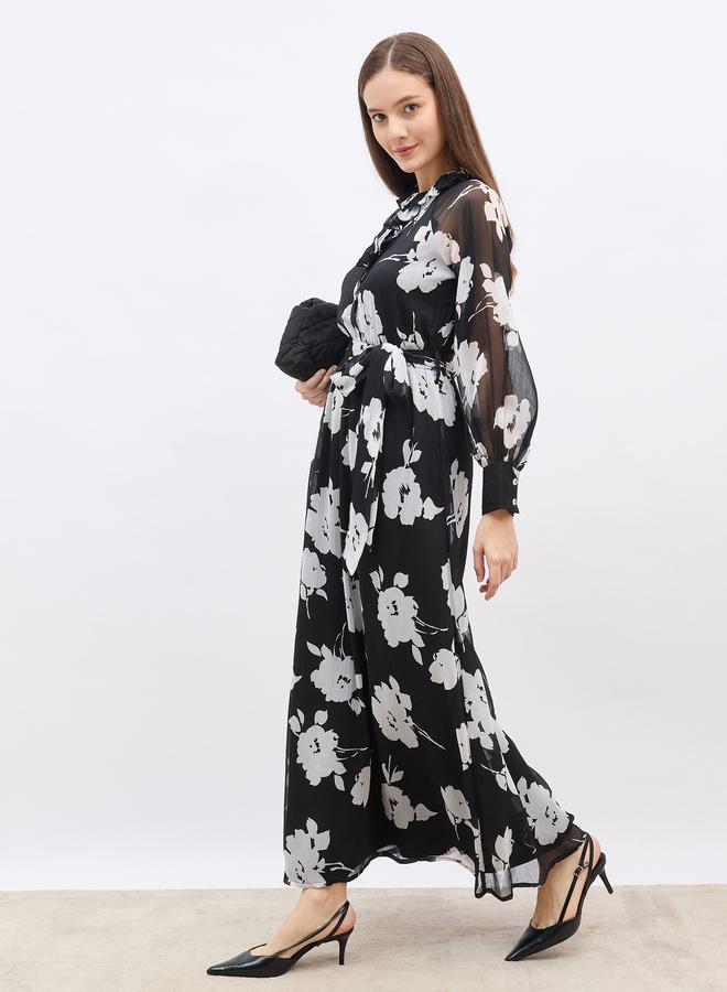 Styli Floral Print A-Line Maxi Dress With Tie Belt - Image 1