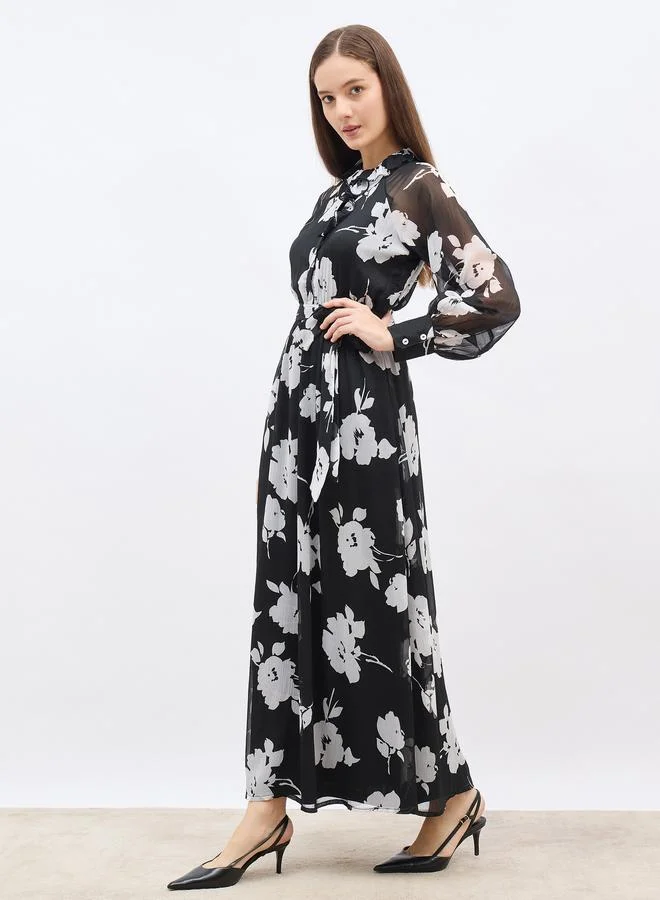 Styli Styli Floral Print A-Line Maxi Dress with Tie Belt