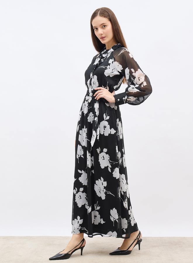 Styli Floral Print A-Line Maxi Dress With Tie Belt - Image 3