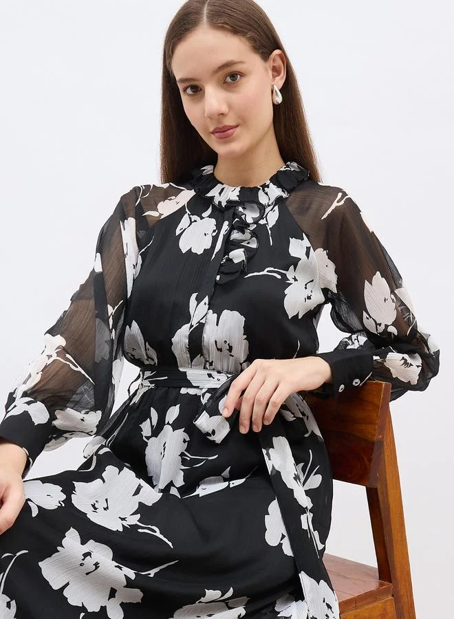 Styli Styli Floral Print A-Line Maxi Dress with Tie Belt