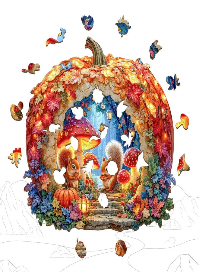 AEEKDOOK Wooden Puzzles for Adults - Pumpkin Forest Wood Puzzles Adult - Unique Animal Shape Wooden Jigsaw Puzzles for Adults - Birthday Gifts Puzzle Lovers, Family (10.6 * 11.4in -200 pcs) - Image 2