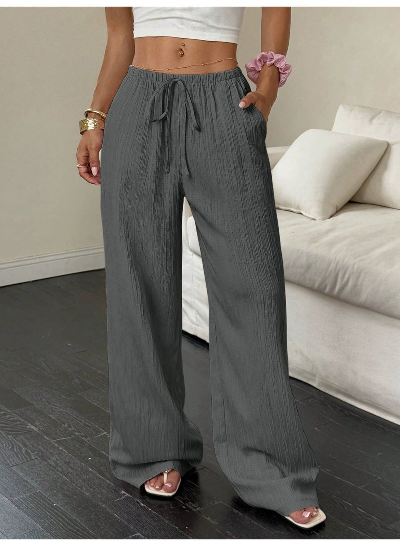 general 2025-2026 Women's casual solid-textured fabric knotted waist slant pocket wide-leg pants - Image 1