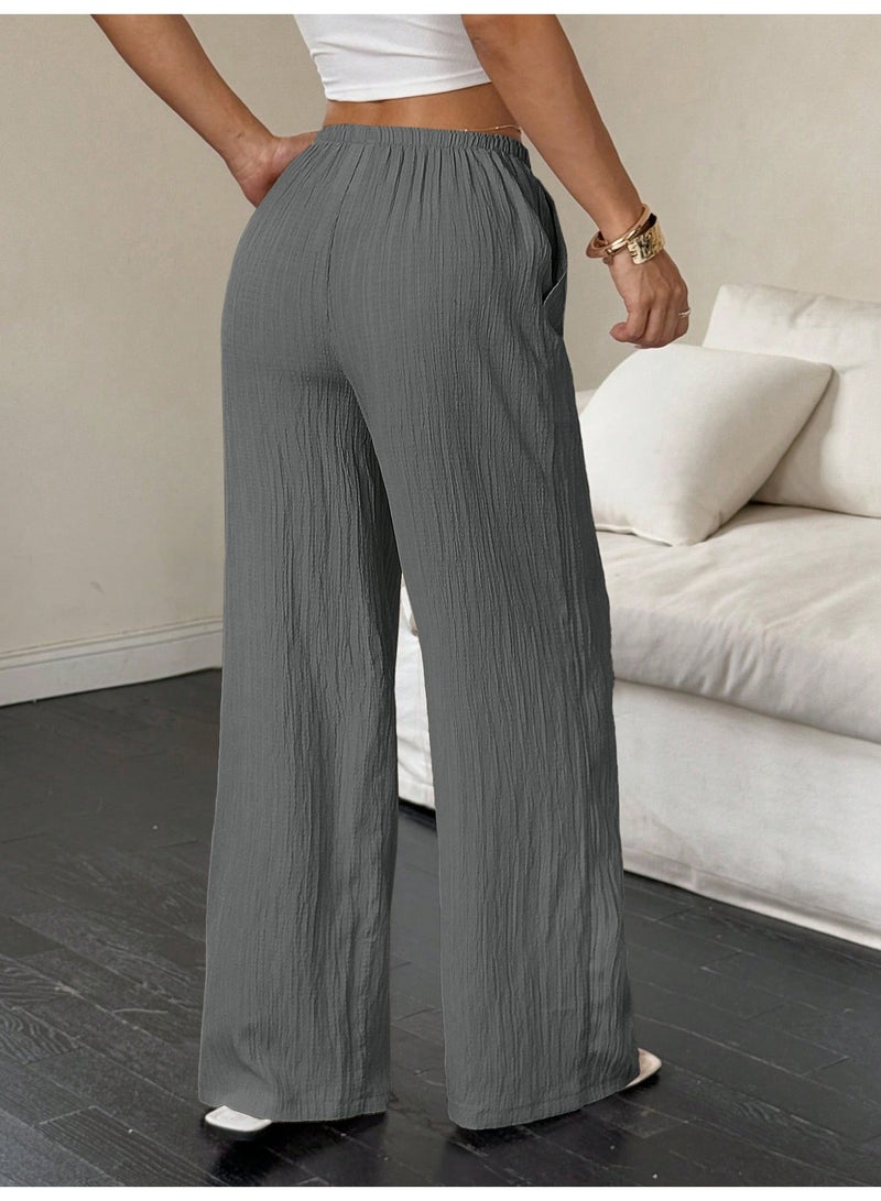 general 2025-2026 Women's casual solid-textured fabric knotted waist slant pocket wide-leg pants - Image 2