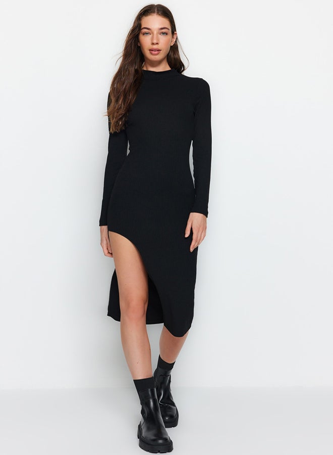 trendyol Black Ribbed Deep Slit Detailed Fitted Midi Stretchy Knitted Dress - Image 2