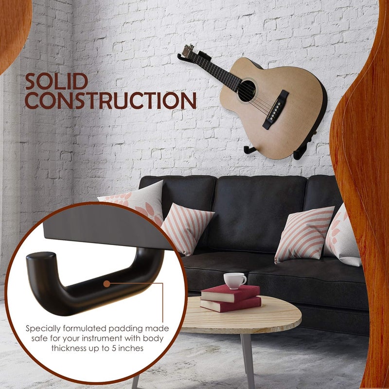 RawRock Guitar Hanger (2 Pack) Horizontal Tilt and Display Your Guitar, Ukulele, Bass, Electric Guitar, Banjo at a Slanted Angle Sideways - Hang for Easy Access (2 Pack Black) - Image 3