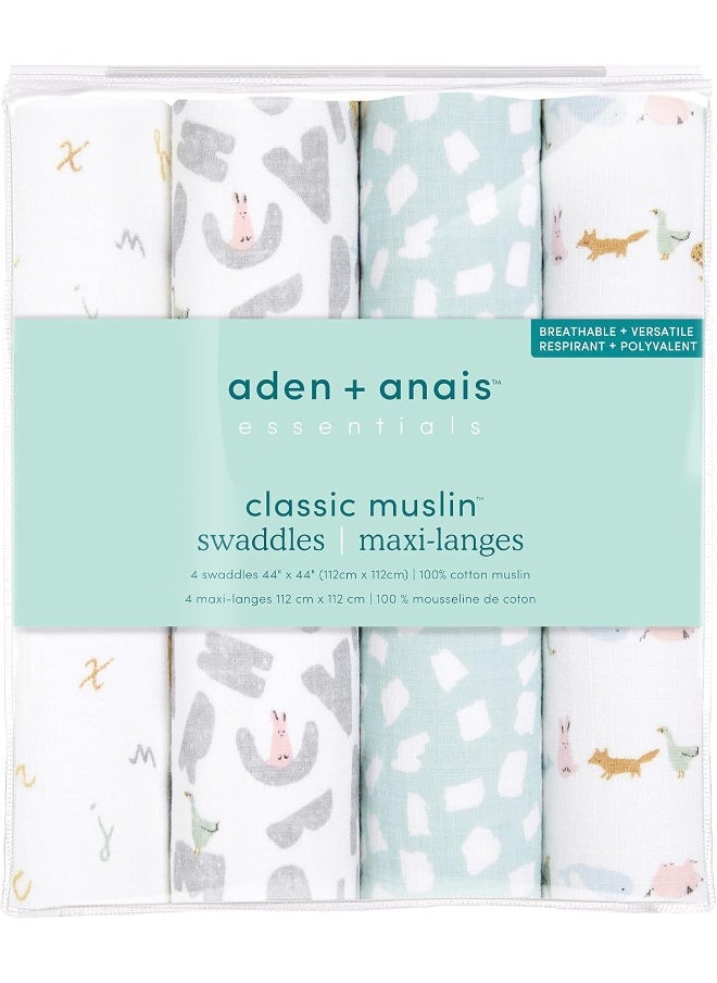 aden + anais aden + anais Essentials Swaddle Blanket, Boutique Muslin Blankets for Girls & Boys, Baby Receiving Swaddles, Ideal Newborn & Infant Swaddling Set, Perfect Shower Gifts, 4 Pack, Alphabet Animals  - Image 3