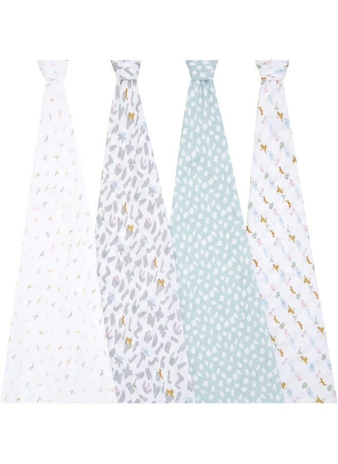 aden + anais aden + anais Essentials Swaddle Blanket, Boutique Muslin Blankets for Girls & Boys, Baby Receiving Swaddles, Ideal Newborn & Infant Swaddling Set, Perfect Shower Gifts, 4 Pack, Alphabet Animals  - Image 2