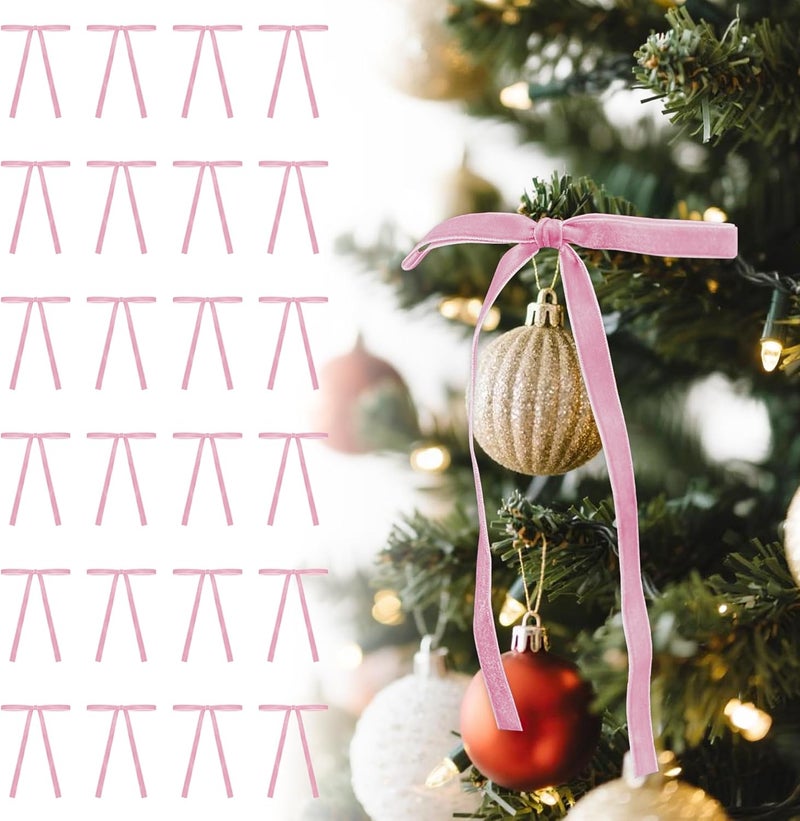 Utehilly Pink Vintage Velvet Bows Decorations Small Ornaments for Christmas Tree, Garland, Wreath, Door, Outdoor (24 Pcs, 5 * 7 Inch) - Image 1