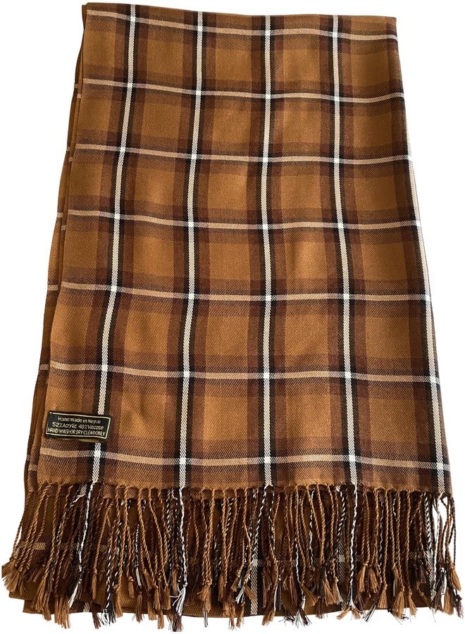 CJ Apparel Brown Tartan Design Nepalese Tassels Shawl Scarf Wrap Stole Throw Head Wrap Pashmina New - Image 1