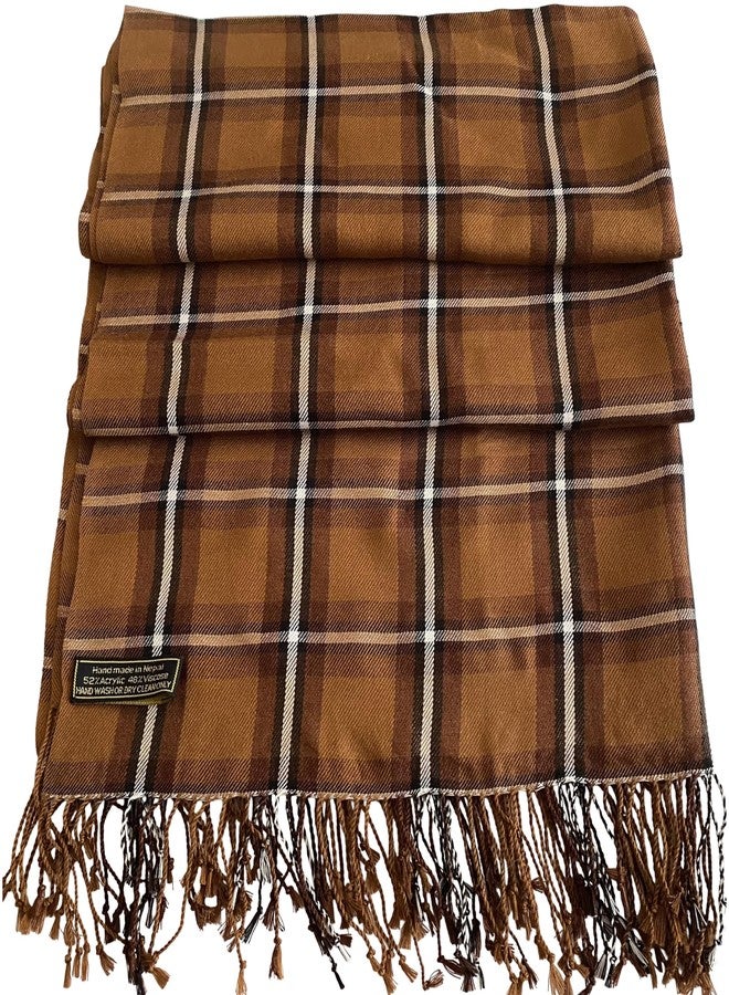 CJ Apparel Brown Tartan Design Nepalese Tassels Shawl Scarf Wrap Stole Throw Head Wrap Pashmina New - Image 3