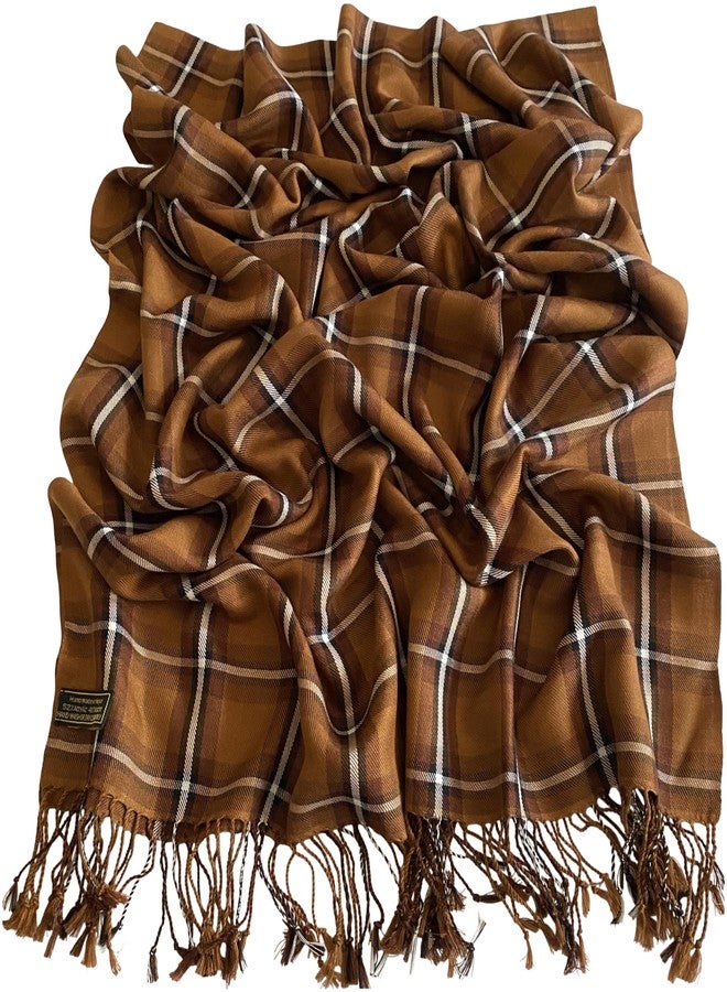 CJ Apparel Brown Tartan Design Nepalese Tassels Shawl Scarf Wrap Stole Throw Head Wrap Pashmina New - Image 4