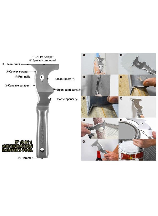 Rollingdog 3 inch 10 in 1 Multifunction Painter's Tool - 420 Stainless Steel Mirror Polished One Piece Blade And Laser Engraved Handle - Image 2