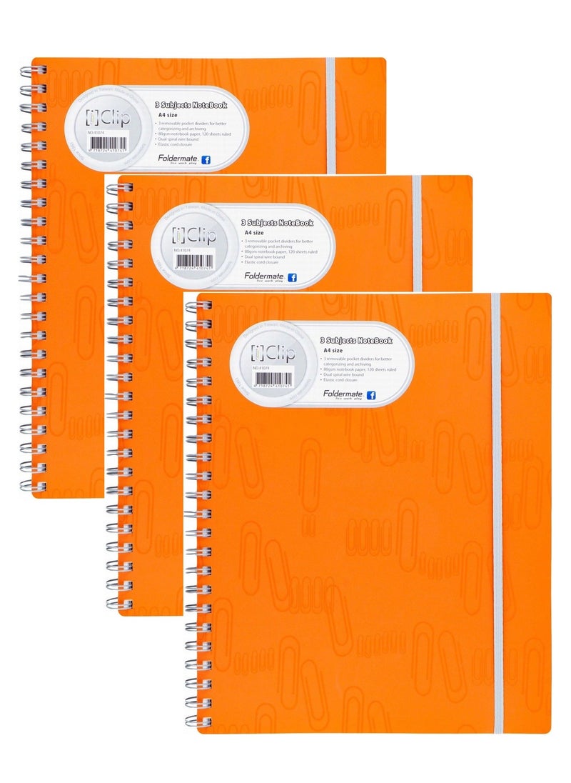 Foldermate - 3-Piece A4 Size Spiral Subject Notebook With Elastic Closure Brown Cover - Image 1
