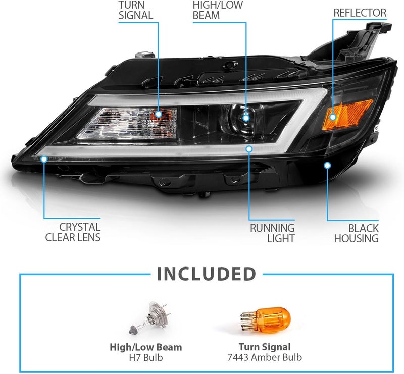 AmeriLite Black Replacement Headlights Pair for 2014-2020 Chevy Impala with LED Tube Bar - Image 4