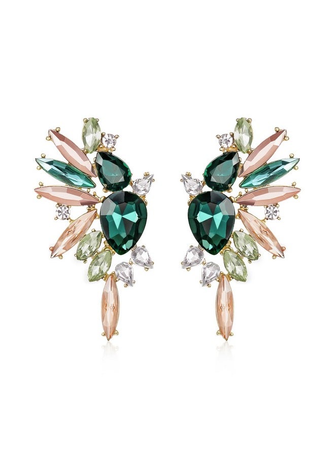 EVER FAITH St Patricks Day Crystal Fashion Statement Earrings, Vintage Marquise Teardrop Cluster Bling Colorful Dangle Earrings For Women Green W/Champagne Gold-Tone  - Image 1