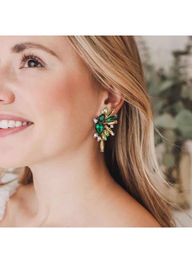 EVER FAITH St Patricks Day Crystal Fashion Statement Earrings, Vintage Marquise Teardrop Cluster Bling Colorful Dangle Earrings For Women Green W/Champagne Gold-Tone  - Image 2