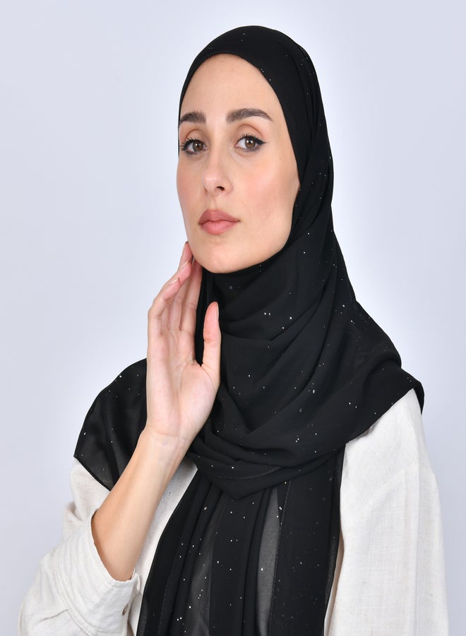 عبايات حوراء طرحة حرير سوداء بطبعات فضية لامعة - Image 1