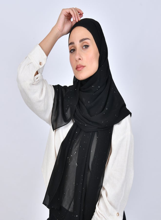 عبايات حوراء طرحة حرير سوداء بطبعات فضية لامعة - Image 2