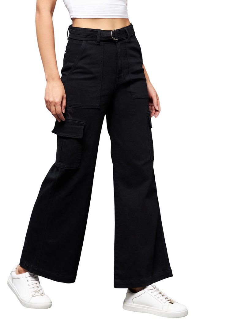 Miss Chase Women's Wide Leg High Rise Clean Look Regular Stretchable Denim Jeans Black - Image 1