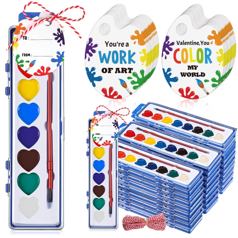 Sabary 30 Pack Watercolor Paint Set Bulk 8 Washable Water Color Paint with Card and Red Rope for Parties Birthday Party Favor Exchange Gift Prizes Graduation Present Art Supplies (Heart) - Image 1