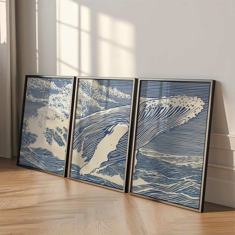 TNESSENTIAL Blue Ocean Whale Posters Set Of 3, Japanese Ink Prints - Image 4