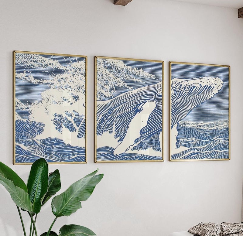 TNESSENTIAL Blue Ocean Whale Posters Set Of 3, Japanese Ink Prints - Image 1
