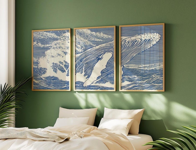 TNESSENTIAL Blue Ocean Whale Posters Set Of 3, Japanese Ink Prints - Image 5