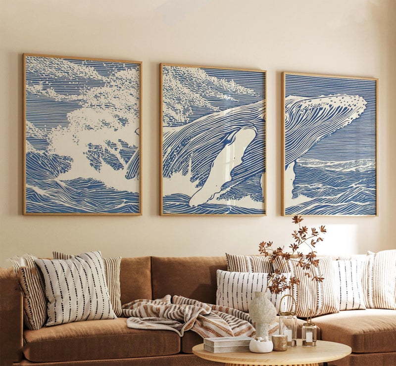 TNESSENTIAL Blue Ocean Whale Posters Set Of 3, Japanese Ink Prints - Image 3
