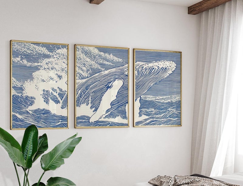 TNESSENTIAL Blue Ocean Whale Posters Set Of 3, Japanese Ink Prints - Image 2