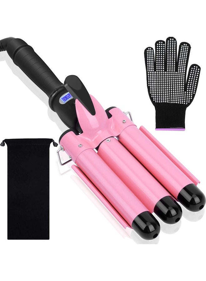 NIBEMINENT 3-Barrel Curling Iron Hair Crimper with Heat Resistant Glove and Travel Bag Pink/Black - Image 1