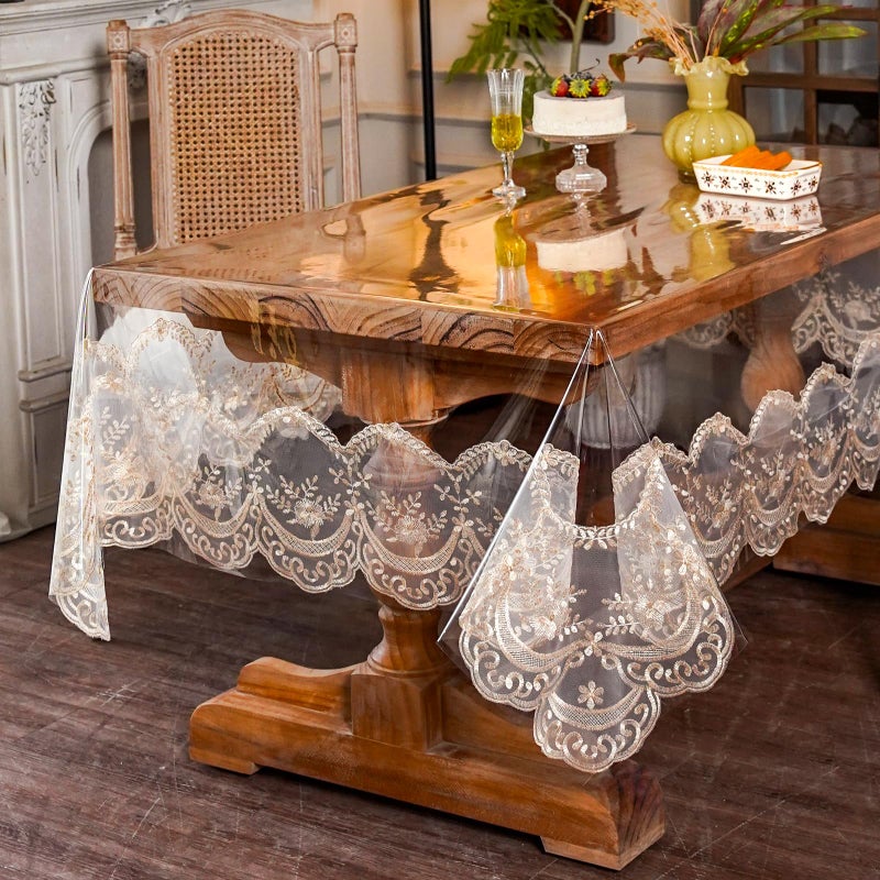 ARTABLE Vinyl PVC Rectangle Tablecloth Waterproof Clear Table Cover with Champagne Lace Macrame Border for Wedding Kitchen Home Outdoor Indoor Holidays Party Decor (Champagne-1, 52 x 70 Inch) - Image 4