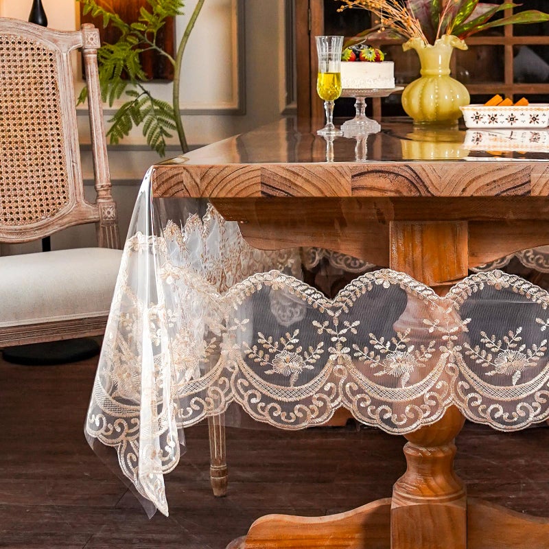 ARTABLE Vinyl PVC Rectangle Tablecloth Waterproof Clear Table Cover with Champagne Lace Macrame Border for Wedding Kitchen Home Outdoor Indoor Holidays Party Decor (Champagne-1, 52 x 70 Inch) - Image 3