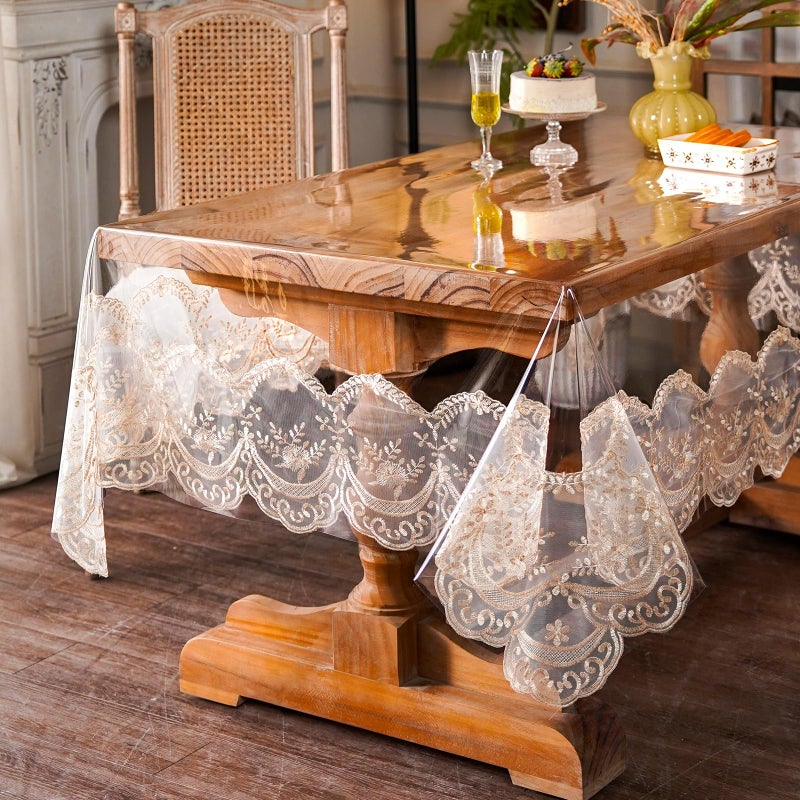 ARTABLE Vinyl PVC Rectangle Tablecloth Waterproof Clear Table Cover with Champagne Lace Macrame Border for Wedding Kitchen Home Outdoor Indoor Holidays Party Decor (Champagne-1, 52 x 70 Inch) - Image 2