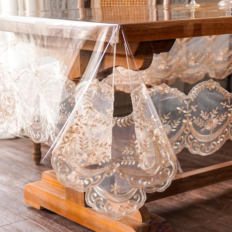ARTABLE Vinyl PVC Rectangle Tablecloth Waterproof Clear Table Cover with Champagne Lace Macrame Border for Wedding Kitchen Home Outdoor Indoor Holidays Party Decor (Champagne-1, 52 x 70 Inch) - Image 1