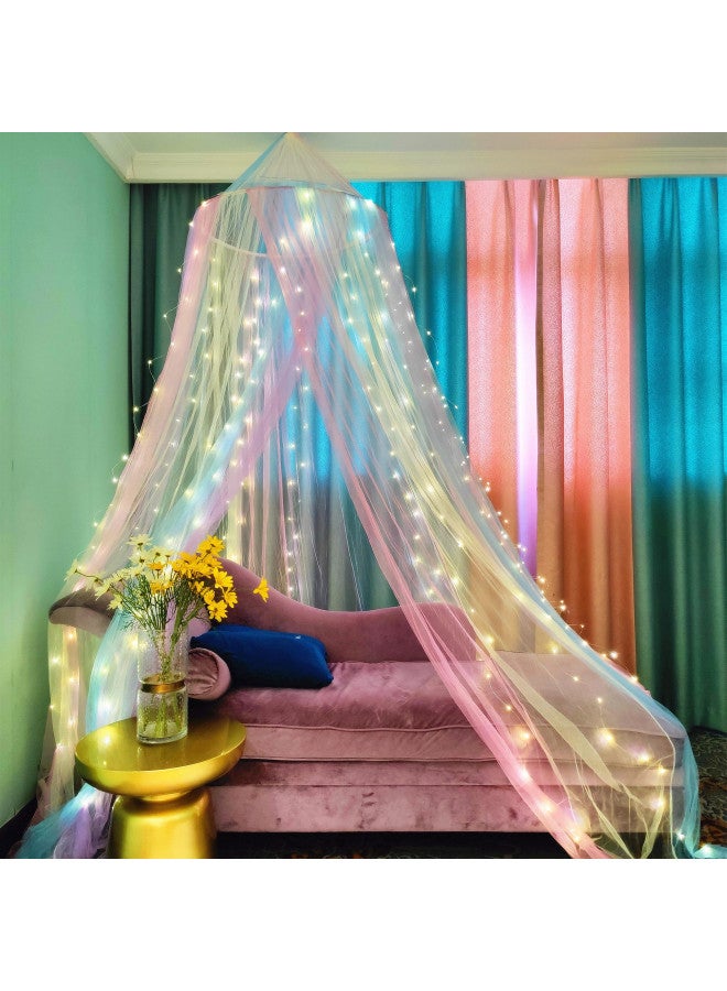 Eimilaly Princess Rainbow Bed Canopy with 250pcs Warm White Curtain Lights, Bed Canopy for Girls Room Decor or Unicorn Theme Party - Image 1