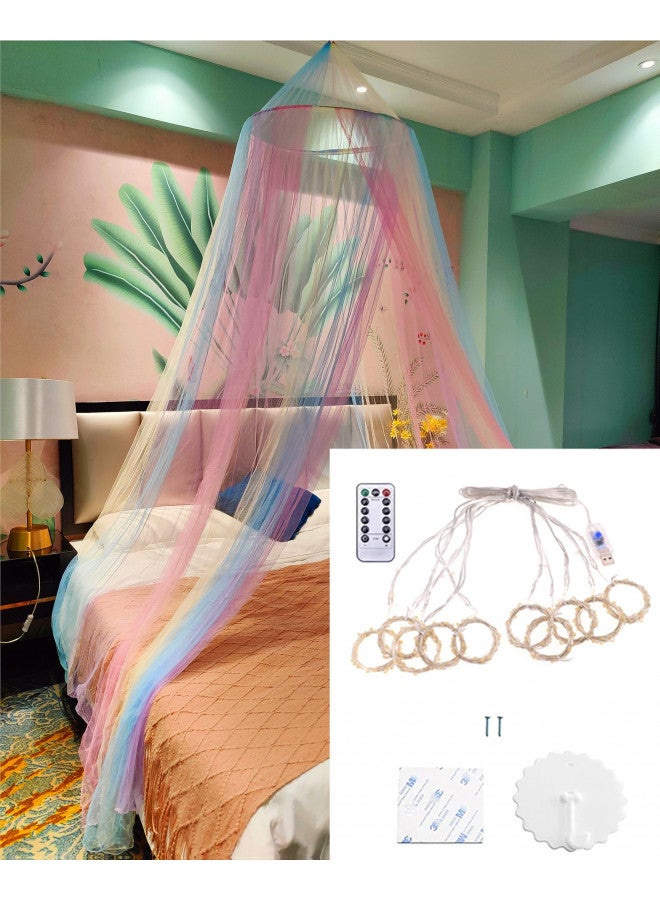 Eimilaly Princess Rainbow Bed Canopy with 250pcs Warm White Curtain Lights, Bed Canopy for Girls Room Decor or Unicorn Theme Party - Image 2