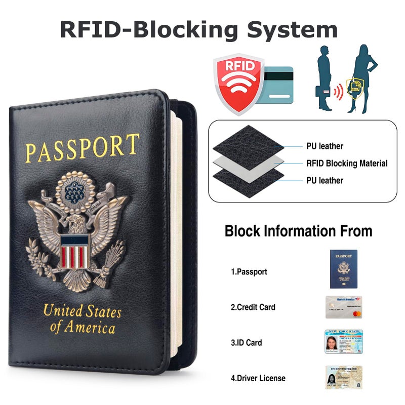 FACATH Passport Holder for Travel Men Women, RFID Blocking Passport Cover Leather Passport Wallet With 3D Metal Badge Waterproof Passport Case Travel Wallets Accessories Document Organizer (Black) - Image 2