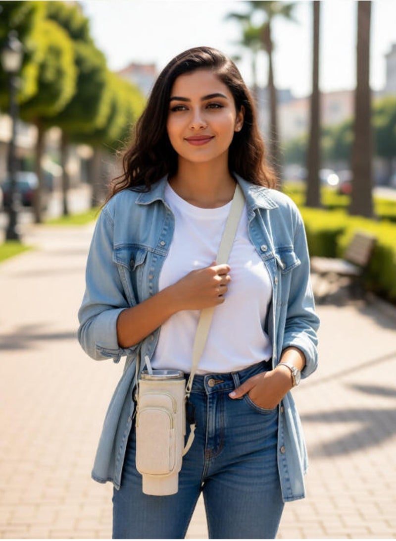 حقيبة وحامل قارورة ماء وكوب ستانلي 40 و30 أونصة - جراب حافظة للأكواب مع جيب للهاتف وحقيبة بسحاب، حزام كتف قابل للتعديل للتنقل، حماية ممتازة للمشي والسفر والجيم - Image 2