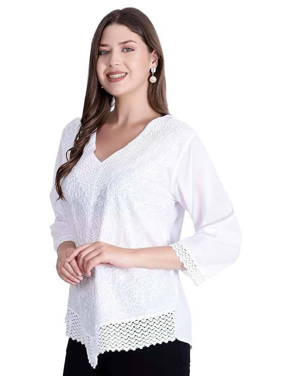 Ukal Hand Embroidered Cotton Tunic, Full Sleeves, Chikan Relaxed Fit Kurti, Boho Short Ethnic Dress for Women - Image 2