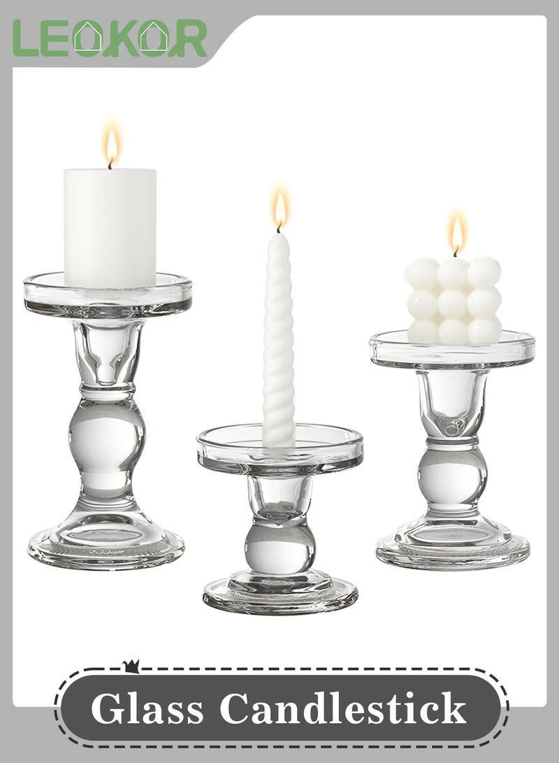 LEOKOR 3-Piece Glass Candles Stand Clear Crystal Candle Holder for Pillar Taper Candle and Tealight  - Image 1