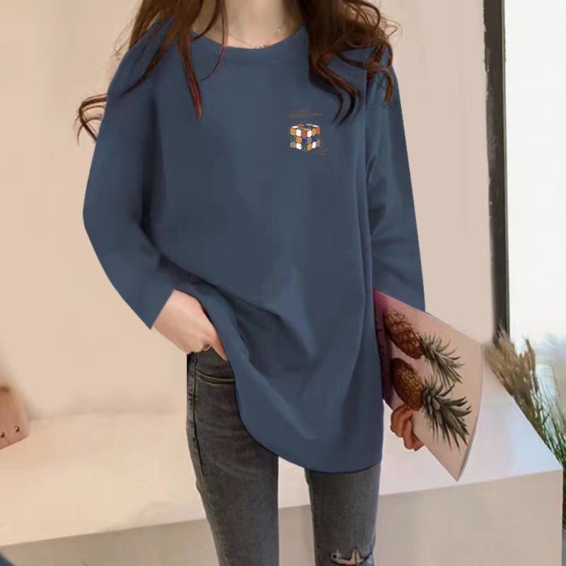 Plus Size Mid-Length Long-Sleeved T-Shirt Women'S Autumn New Korean Style Loose Chubby Girl Bottoming Shirt Round Neck Western Style Top Ins - Image 1