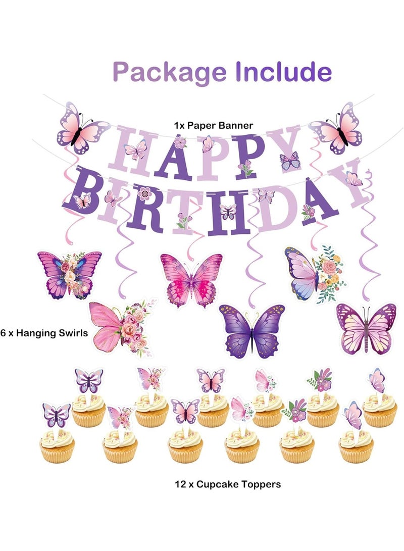 SYOSI Birthday Decorations Kit, Hanging Swirl Streamers, Pre-Strung Banners & Cupcake Toppers for Boys/Girls Birthday Parties, Complete Butterfly-Themed Party Supplies (Purple Butterfly) - Image 3