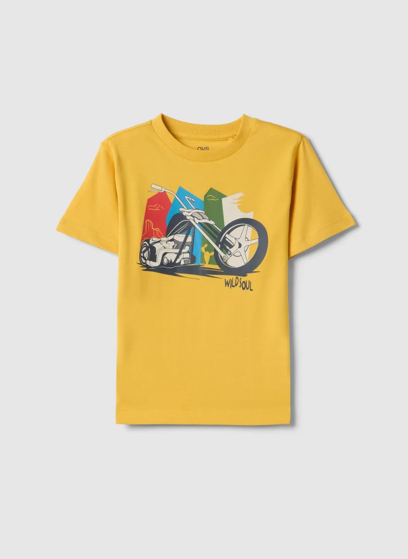 او في اس OVS Yellow Pure Cotton Regular Fit T-Shirt For Kids With Print