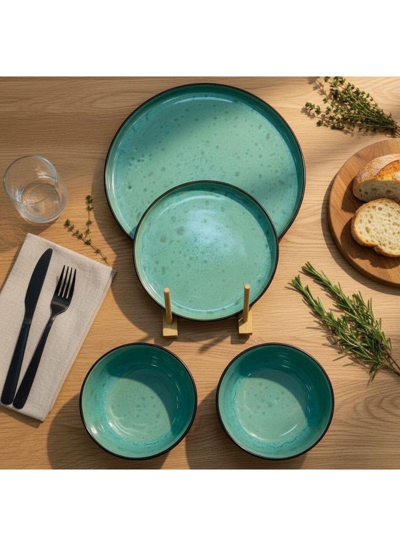CASA HOME 12-Piece Heat-Resistant Porcelain Dinner Set – Elegant Green Reactive Glaze | Oven & Microwave Safe | 4 Small Plates (25 cm) + 4 Soup Bowls (20 cm) - Image 1