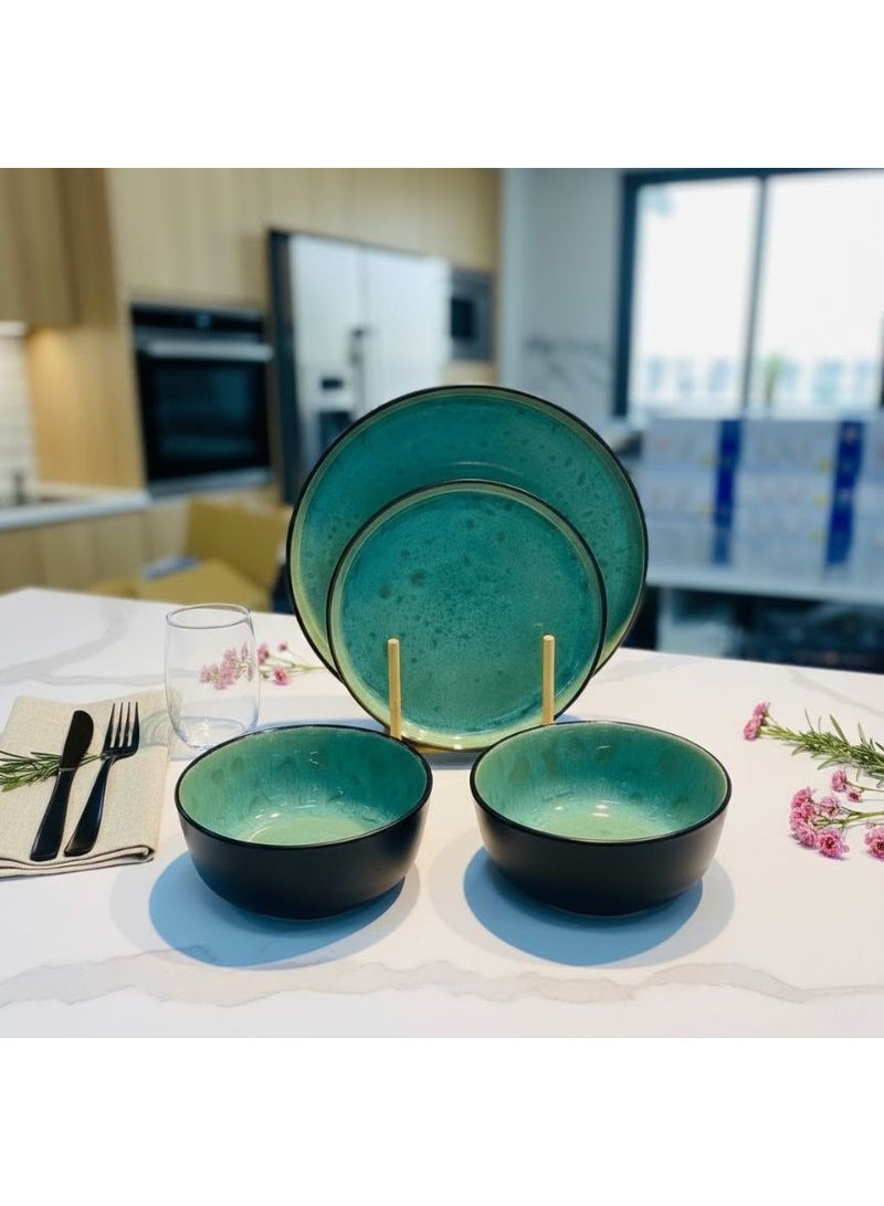 CASA HOME 12-Piece Heat-Resistant Porcelain Dinner Set – Elegant Green Reactive Glaze | Oven & Microwave Safe | 4 Small Plates (25 cm) + 4 Soup Bowls (20 cm) - Image 3