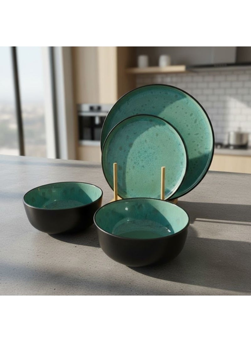 CASA HOME 12-Piece Heat-Resistant Porcelain Dinner Set – Elegant Green Reactive Glaze | Oven & Microwave Safe | 4 Small Plates (25 cm) + 4 Soup Bowls (20 cm) - Image 2